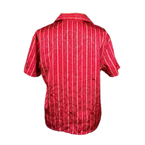 Victoria's Secret Vintage Red Gold Stripe Satin Short Sleeve Button Pajama Top - Picture 2 of 7
